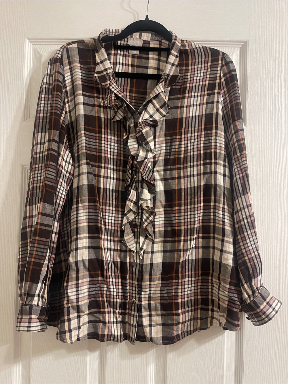 Chico's Plaid Ruffle Front Button-Down Shirt in Brown, Cream, Black